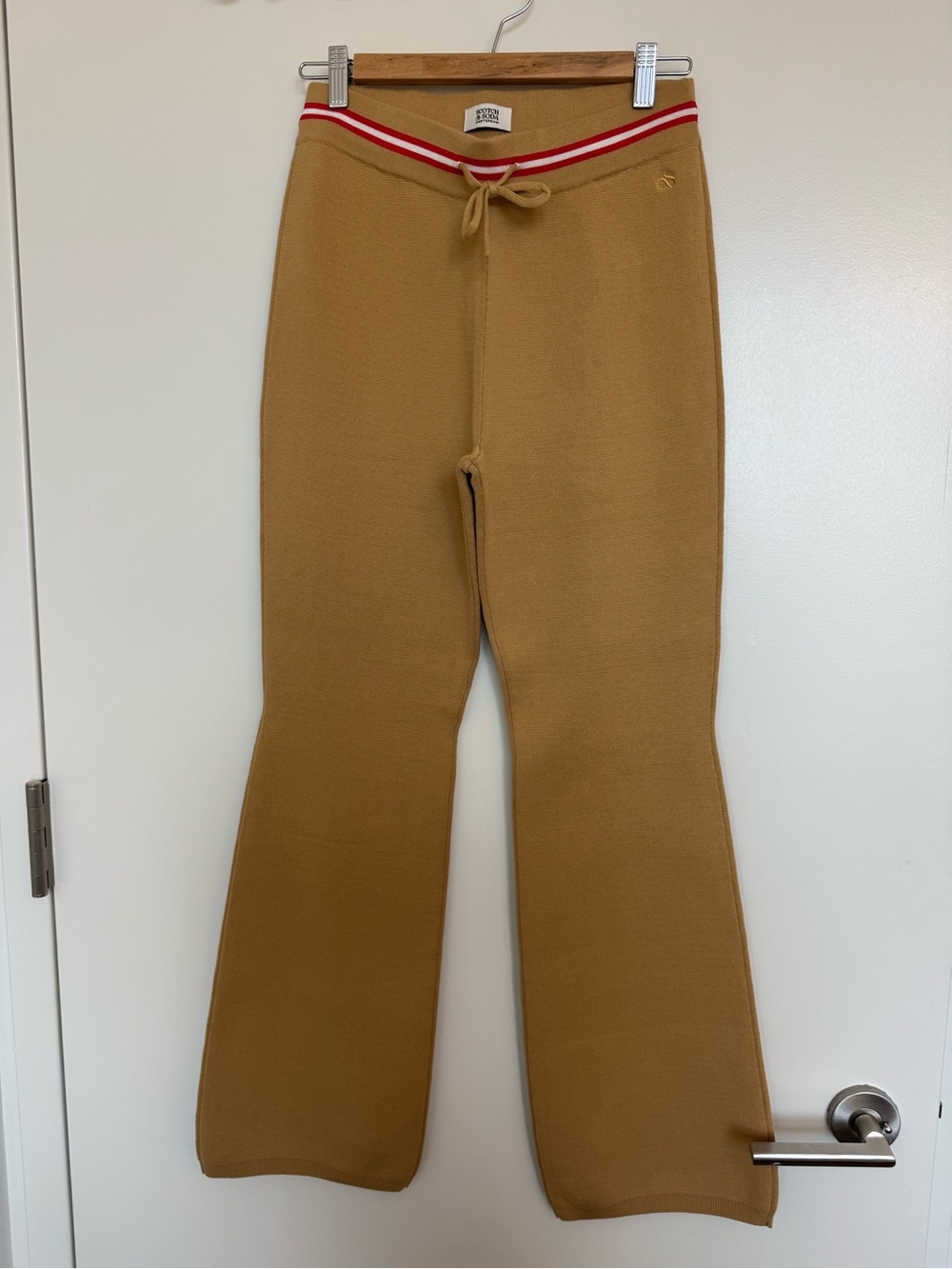 Camel Knit Flare Pants with Red-White Waistband